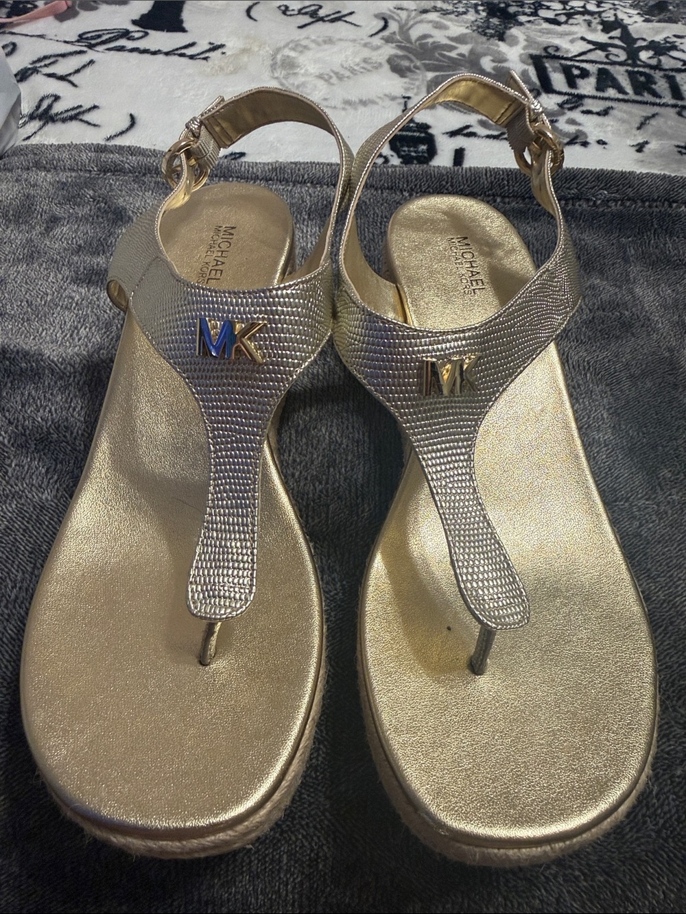 Michael Kors Metallic Gold MK T-Strap Sandals